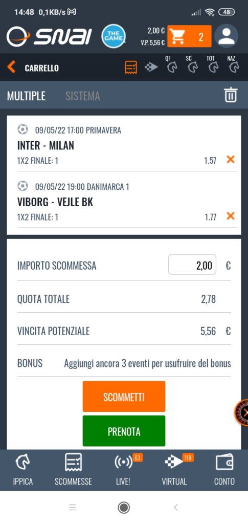 MyBet SNAI Prenotatore Scommesse