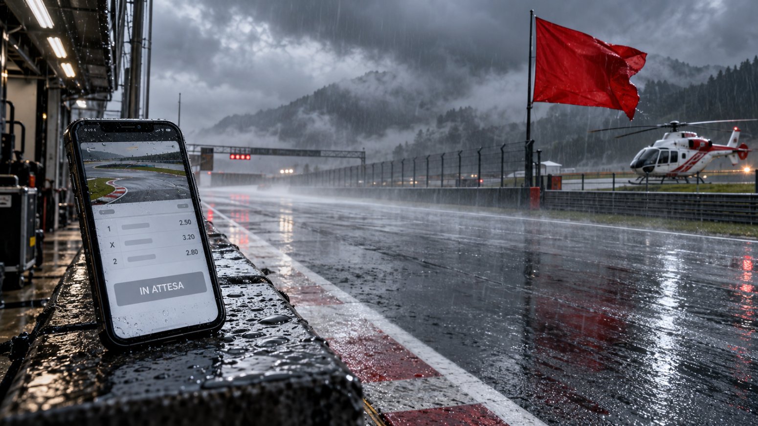 Circuito sotto la pioggia con bandiera rossa e schedina in attesa