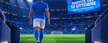 Partite del 10 ottobre: quote e pronostici: calciatore di spalle entra in campo in uno stadio illuminato
